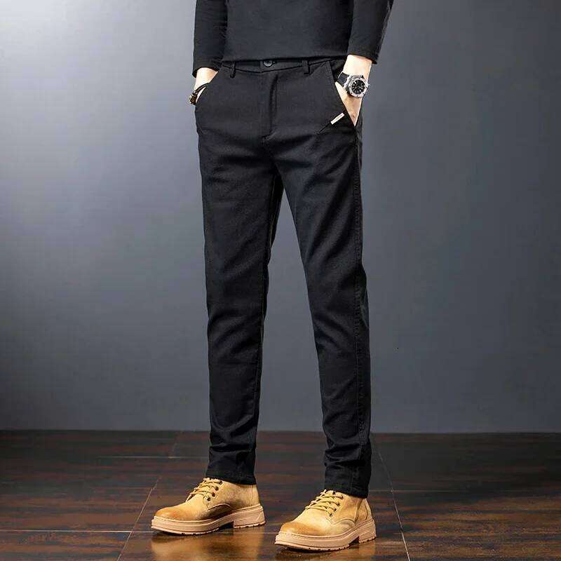 Men's Twill Slim Pants Business Straight Cotton Casual Trousers Brand Fashion Korean Elastic Coffee Black Gray Pant