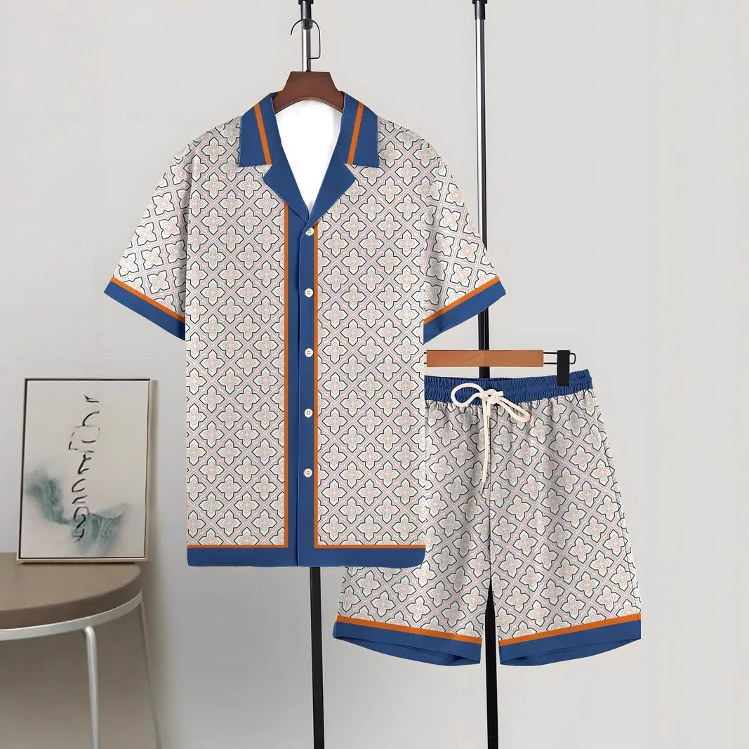"2025 Designer Men's Wear" 2025 Cross-Border Trade New 3D Printed Geometric Pattern Men's Casual Hawaiian Style Shirt Set