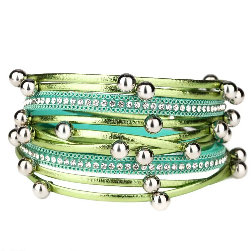 Fashionable Unique Two-Circle Beaded Leather Multi-Layer Bohemian Alloy Magnetic Bracelet