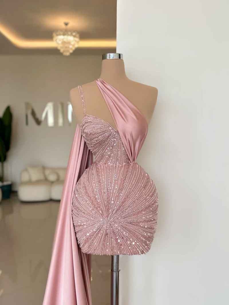 Pretty Sequins Customized Short Evening Dress One Shoulder Sleeve Ribbon Beading Prom Gowns Birthday Party ovia