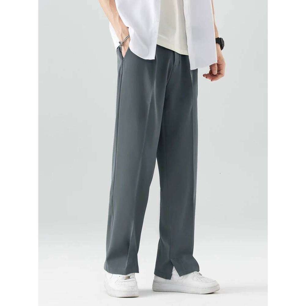 2023 New Summer Casual Pants Men Breathable Polyester Korean Fashion Semi-Wide Banded Waist Slacks Straight Loose Drape Trousers