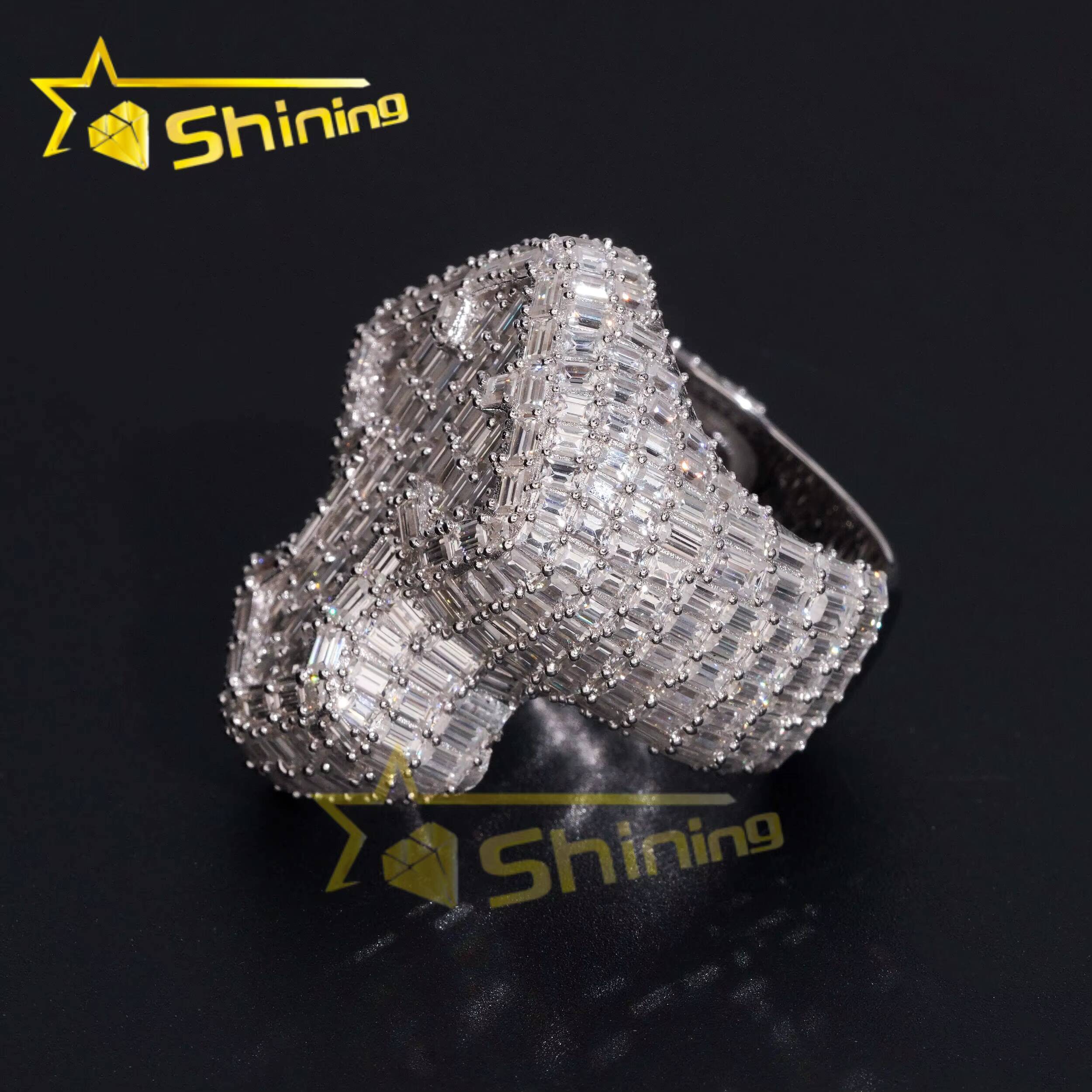 Luxury Emerald Cut Moissanite Iced Out Mens Ring 925 Silver Gold Plated Hip Hop Cross Men Ring