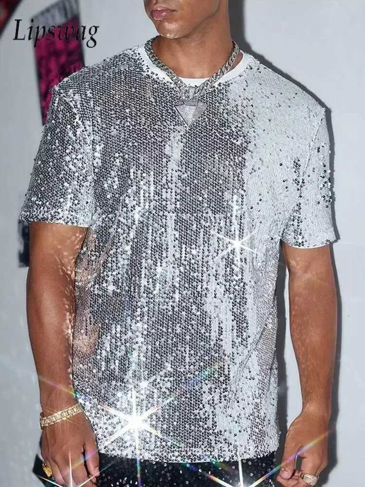 Vintage Mens Sequin T Shirts Fashionable Plaid Glitter Designer T-shirt Men Summer New Casual Short Sleeve O Neck Shinny Tees Y250819