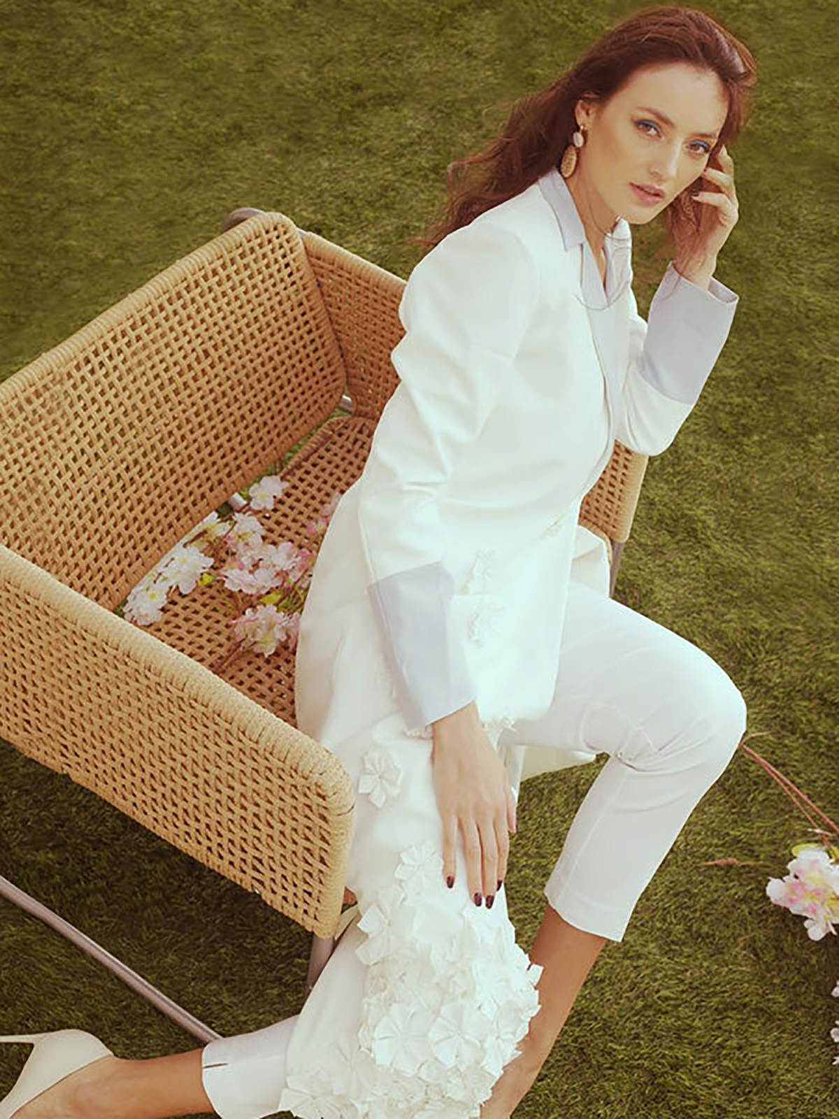 Elegant 2 Pieces Women Suits One Button 3D Flowers Long Coat Office Ladies Work Loose Fit Wedding Party Wear