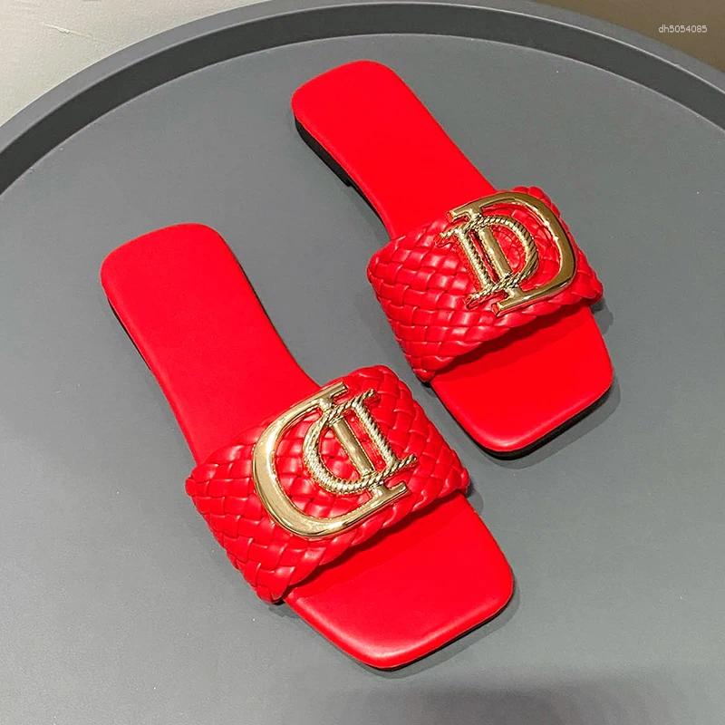 Slippers Women Party Sexy Elegant Luxury Decor Weave Designer Flat Sandals Fashion Open-toe Vacation Slides