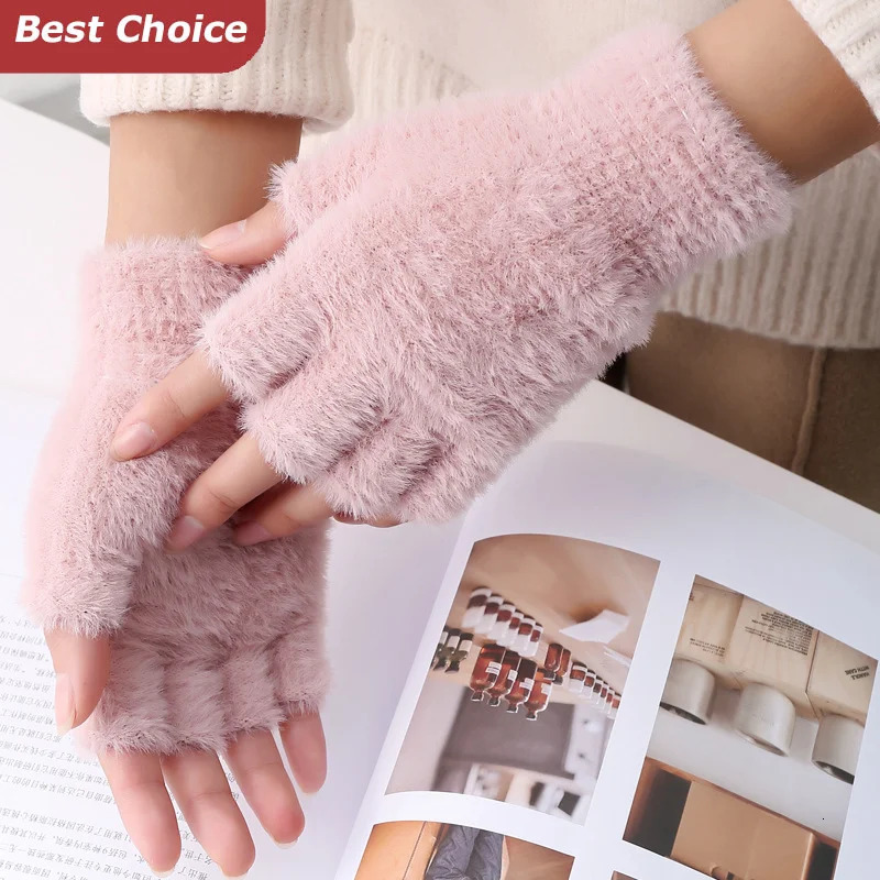 Winter Mink Cashmere Half Finger Glove Men Warm Solid Color Plush For Driving Outdoor Sports 250811