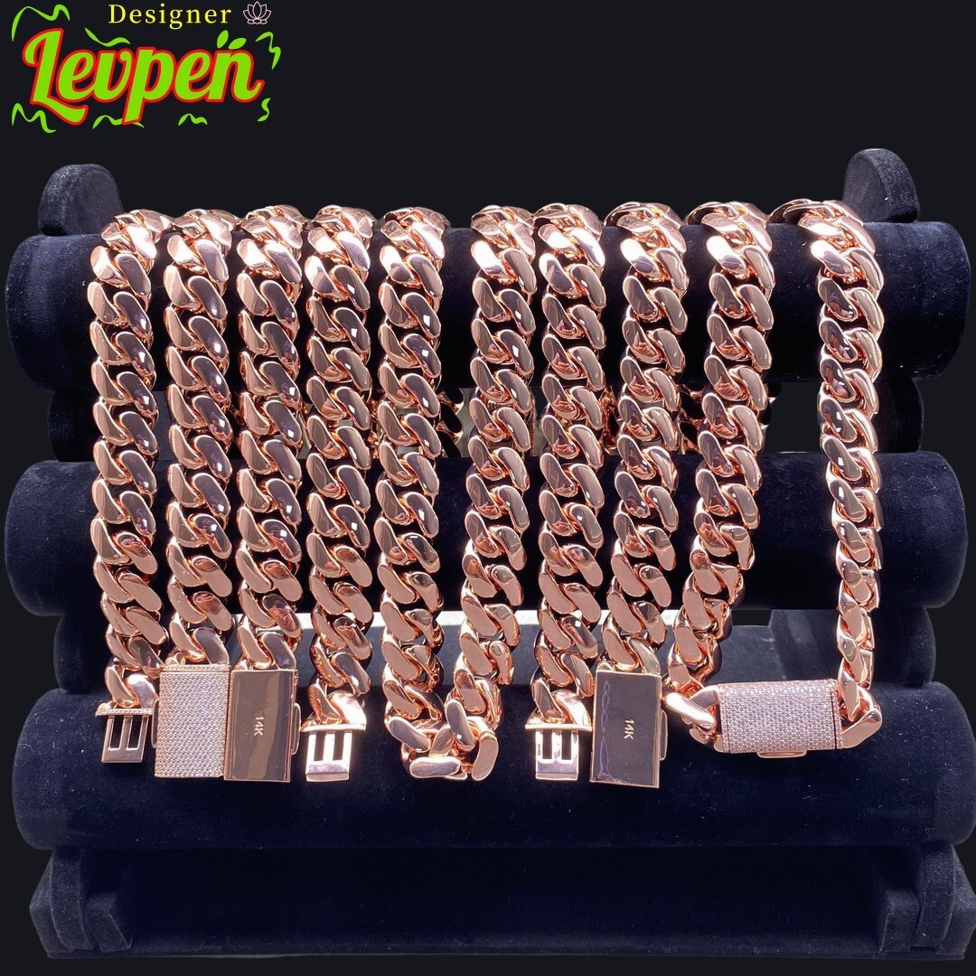 Plated Gold 14K Cuban Rose Link Chain Necklace and Bracelet Set for Men Thick Brass Iced Out Clasp Hip Hop Streetwear Jewelry