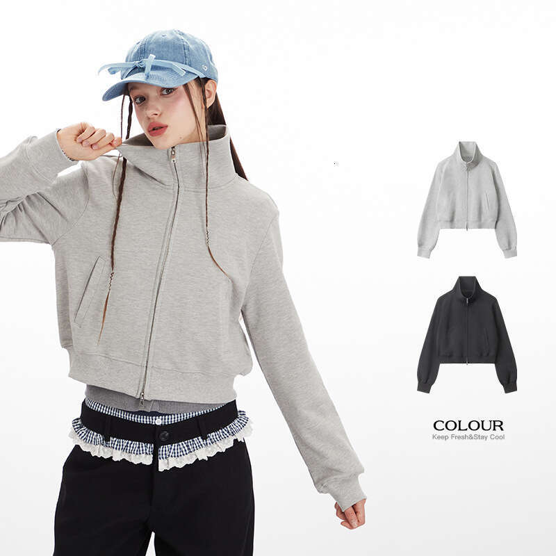 Heyhenry American Style Spicy Girl Stand Collar Sweatshirt For Women Autumn Winter Ins Slim Fit Regular Shoulder Short Jacket B5