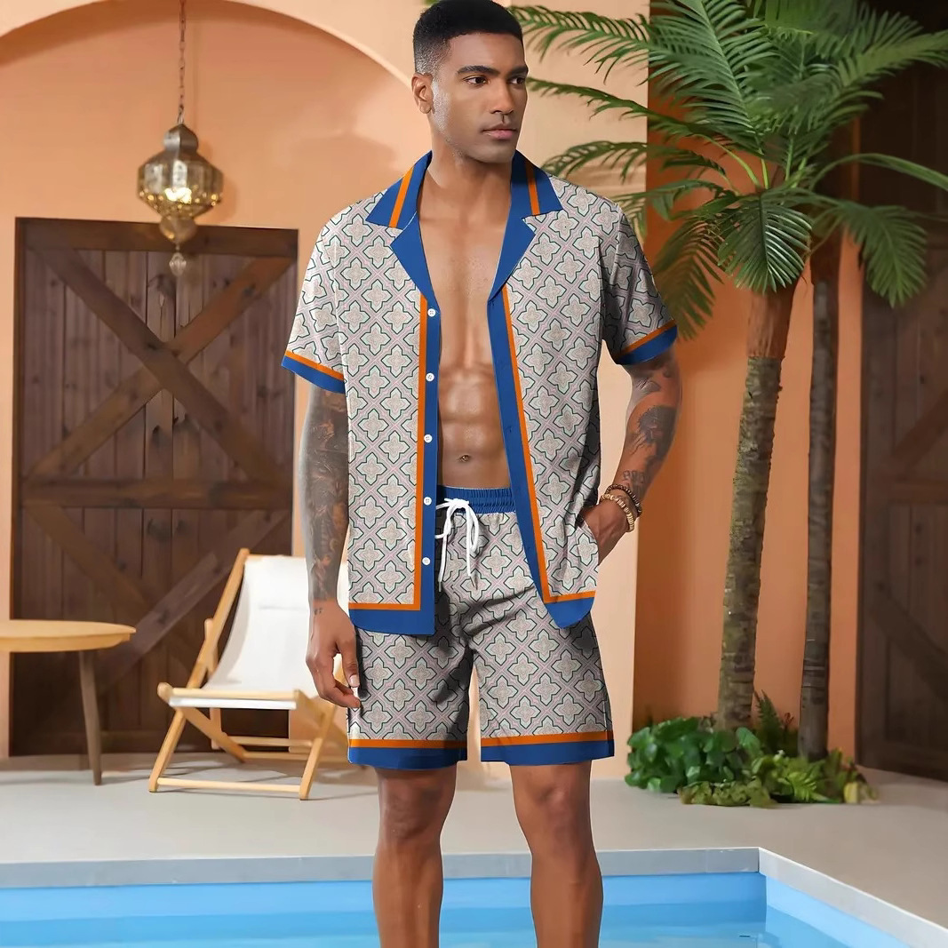 "2025 Designer Men's Wear" 2025 Cross-Border Trade New 3D Printed Geometric Pattern Men's Casual Hawaiian Style Shirt Set