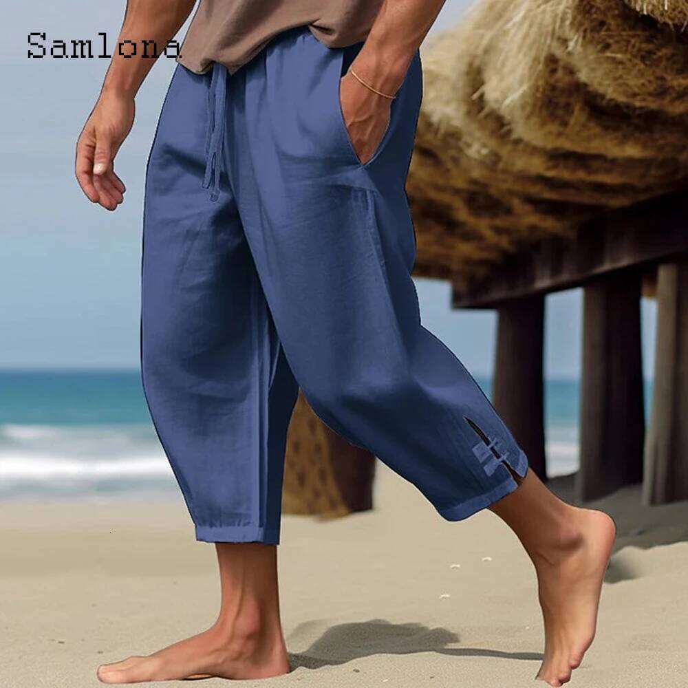 2023 Men Elegant Fashion Buckle Cuff Linen Pants Solid White Ankle-Length Trouser Plus Size Mens Casual Drawstring Sweatpants