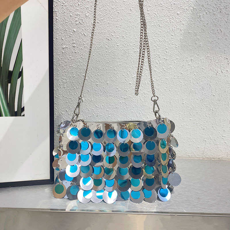Fresh Beach Style Shiny Sequin Bag Handwoven Metal Chain Small Square Phone Bag Underarm Crossbody Bag