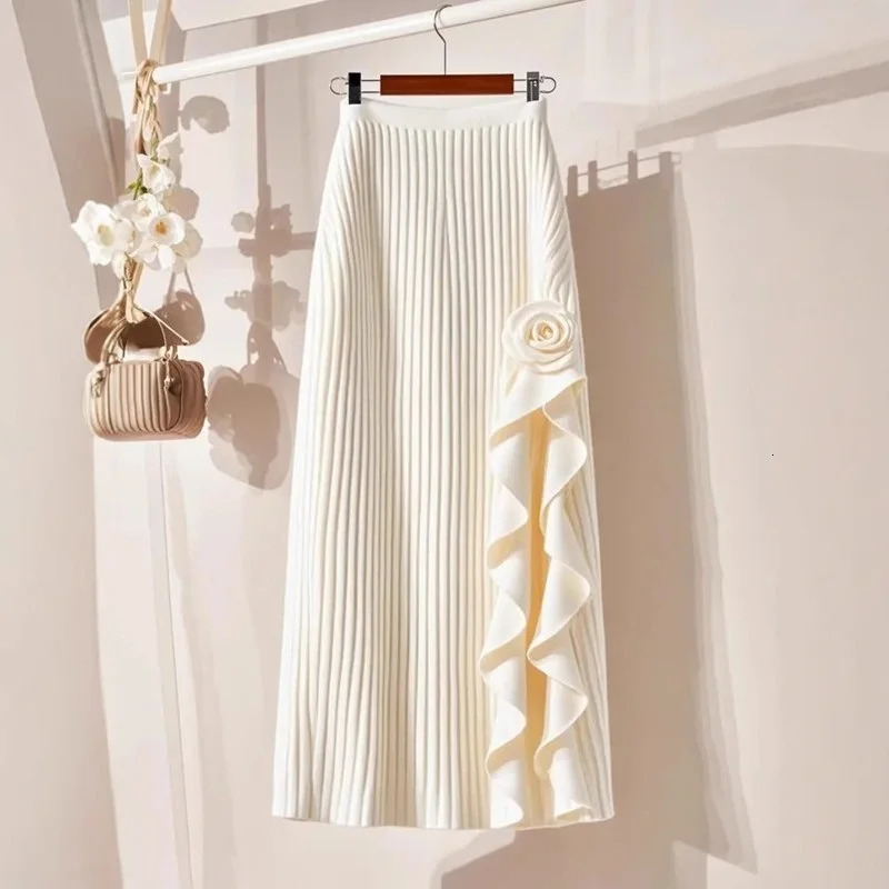 Spring Autumn Winter Elegant Irregular Pleated Skirt for Women Elastic A-line High Waist Midi Skirt White Black Flower Skirts 250820