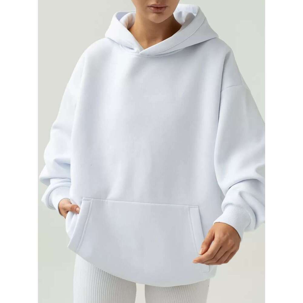 Women's Solid Color Long Sleeve Pocket Hooded Pullover Sweatshirt Loose Casual Sports Shirt