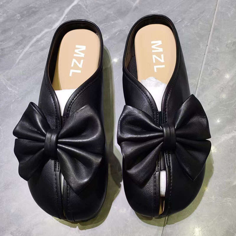 2025 New Bowknot Internet Celebrity Fairy Style Hollow Out Fashionable Versatile Skirt Flat Sole Lazy Slip-On