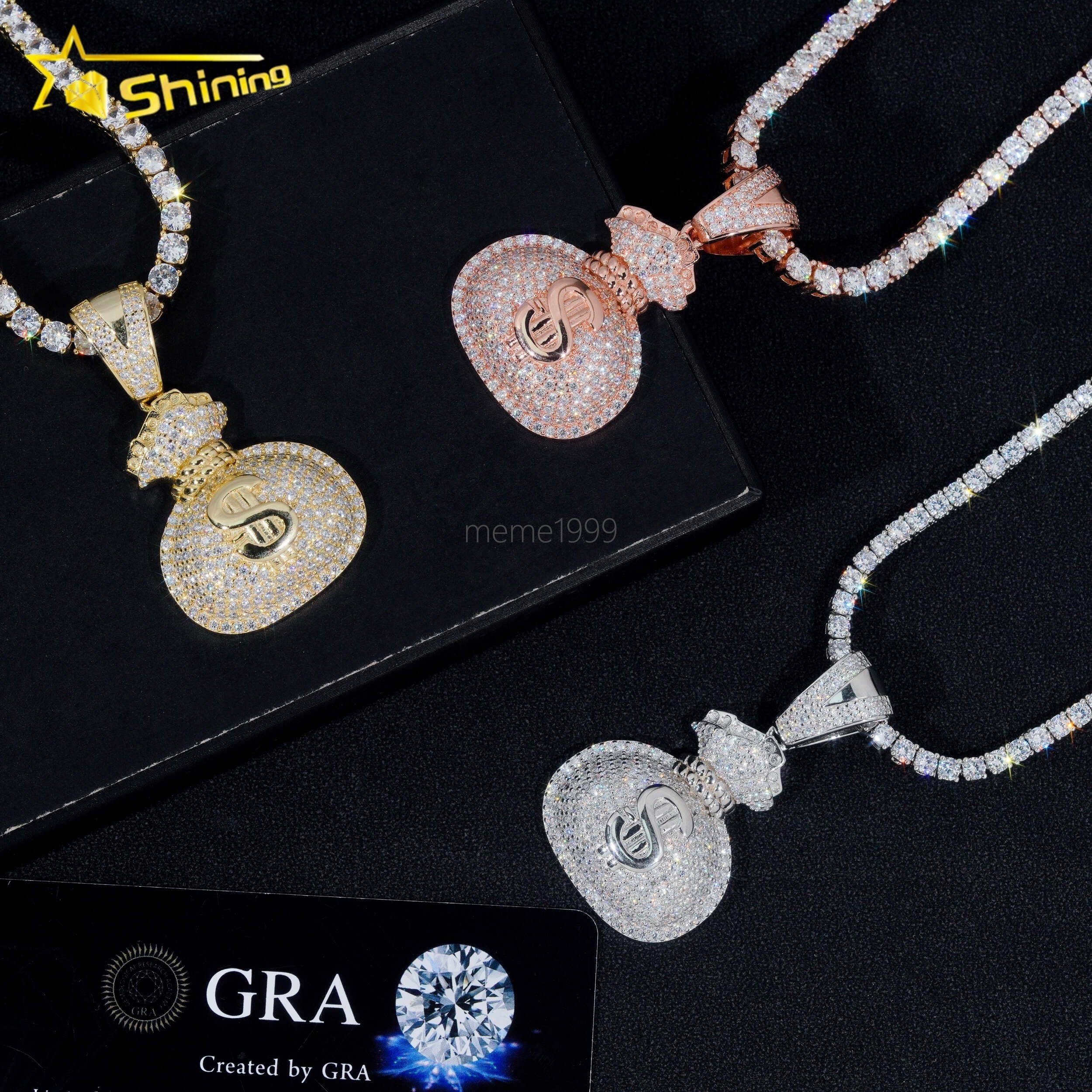 Pass Diamond Tester Fine Jewelry 925 Silver Gold Plated Diamond Iced Out Hip Hop Custom Money Bag Moissanite Pendant