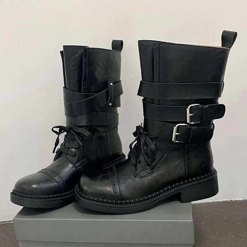 2025 New British Style Lace-up Belt Buckle Chunky Heel Martin Women Fashion Mid-calf Versatile Brown Short Boots