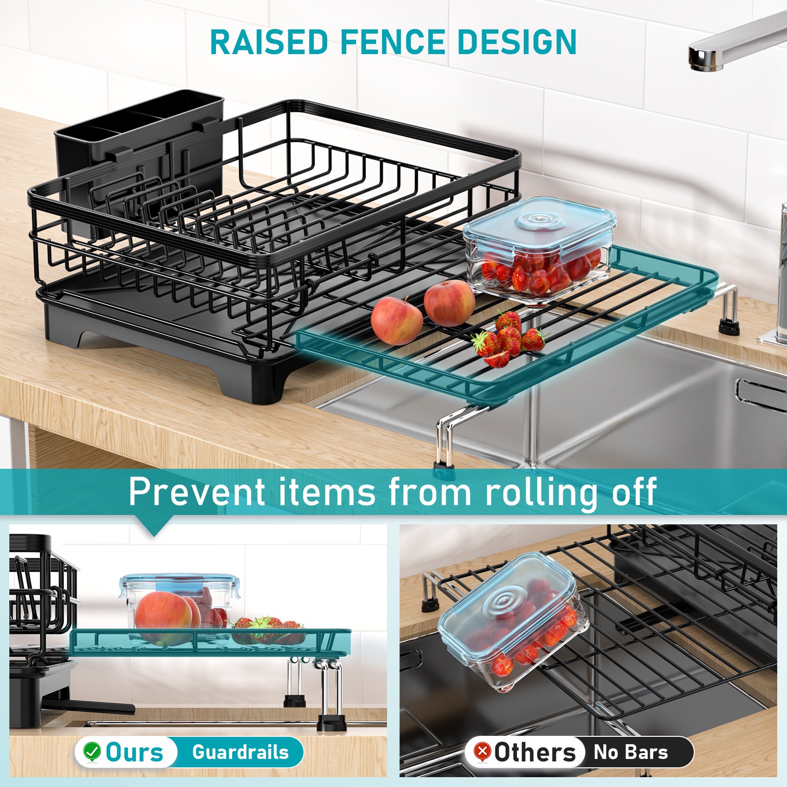 Extendable Dish Drying Rack for Kitchen Counter & Sink - Large Dish Drainer with Utensil Holder Anti-Rust Black Dish Rack Over The Sink Drying Rack & 