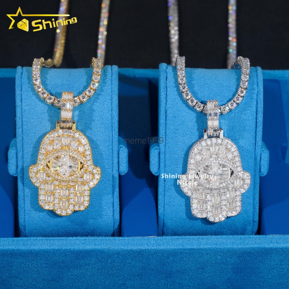 Fully Iced Out Luxury Bling Hip Hop VVS Moissanite Diamond Hamsa Hand 925 Silver Pendant