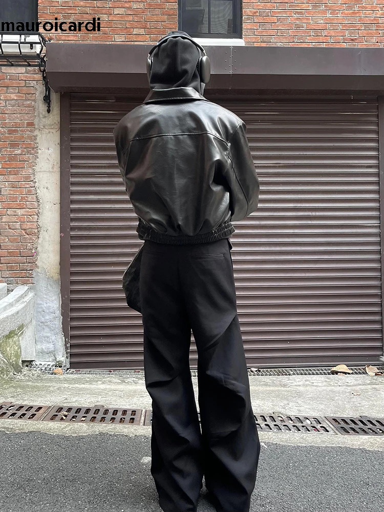 Mauroicardi Spring Autumn Cool Oversized Short Black Soft Pu Leather Jacket Men Zipper American Vintage Clothes 250815