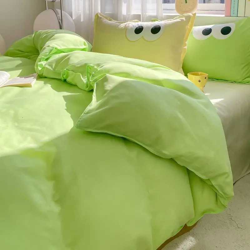 Cute Korean Style Duvet Cover Set No Filler Green Pink Mix Color Flat Sheet cases Polyester Twin Queen Size Bed Linens Y250819
