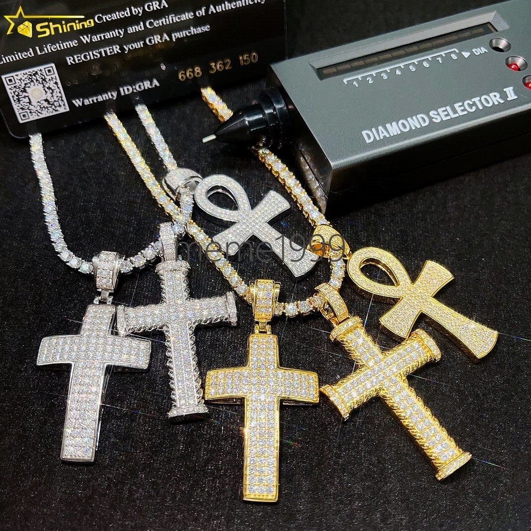 Hot Fashion Ankh Cross Pendant 2mm-5mm Width 925 Solid Silver D/VVS Clarity Moissanite Hip Hop Ankh Cross Pendant for Necklace