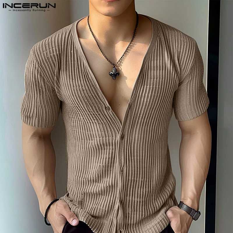 Tops 2024 American Style Fashion New Men Deep V-neck Textured Striped Shirts Casual Streetwear Male Short SLeeved Blouse Y250819