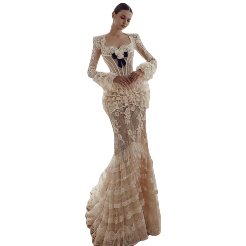 Elegant Champagne Lace Mermaid Prom Dress Long Flare Sleeves Tiers Slim Dresses Evening Wear Customized Formal Reception Gown