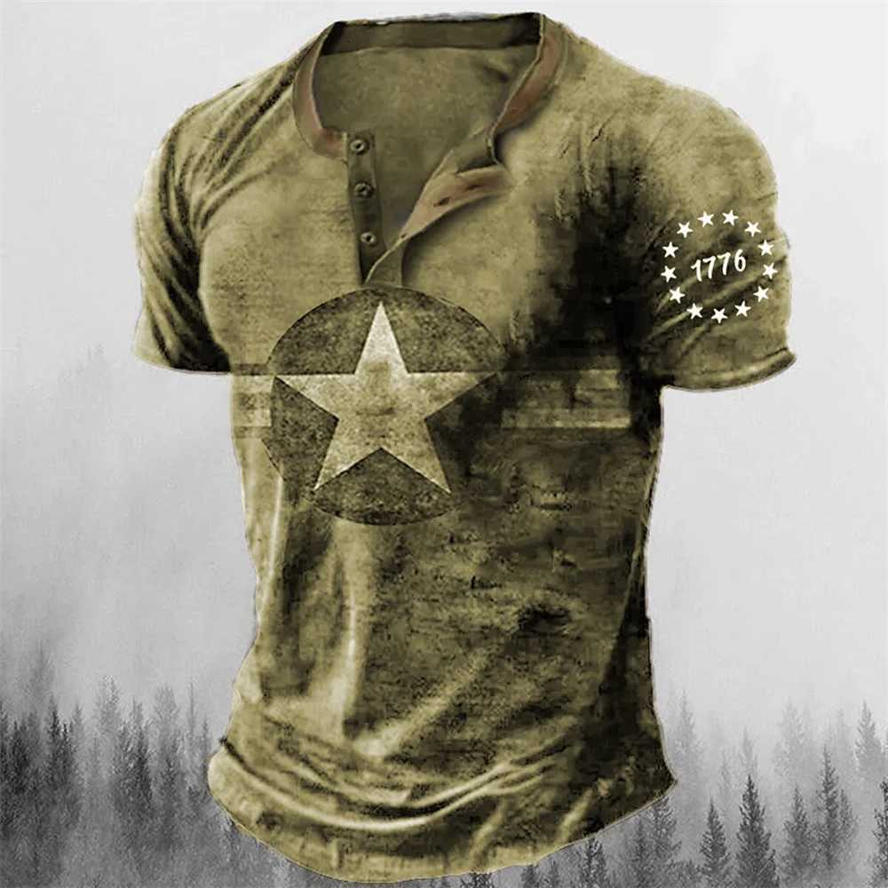 Vintage Button V-neck Navigation T Shirt Short Sleeve Gothic Henley Shirt For Men Oversized Tops Tee Shirt Men Punk Streetwear Y250819