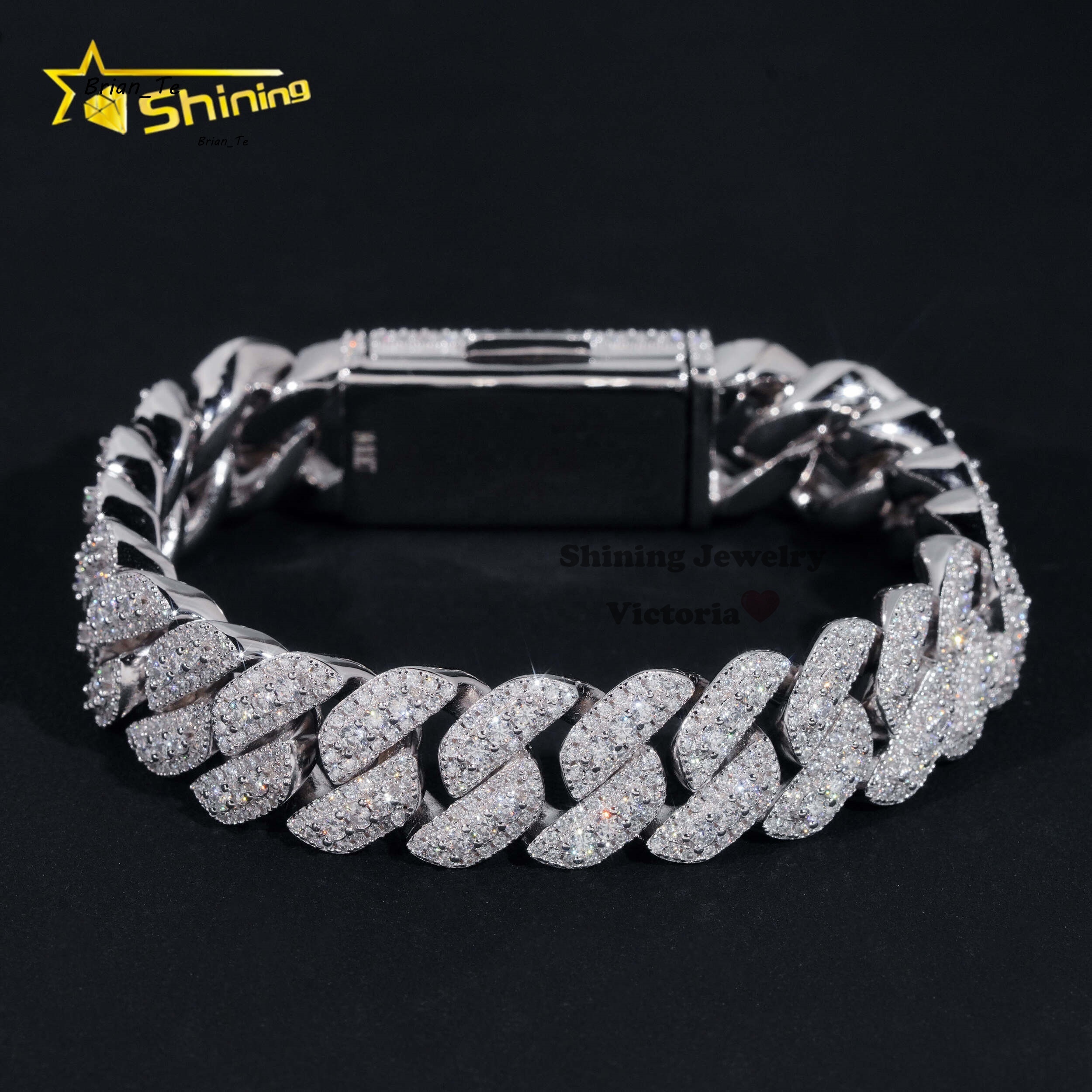 Iced Out Mens Jewelry Hip Hop Sparkle 925 Sterling Silver 15MM VVS Moissanite Diamond Three Rows Cuban Link Bracelet