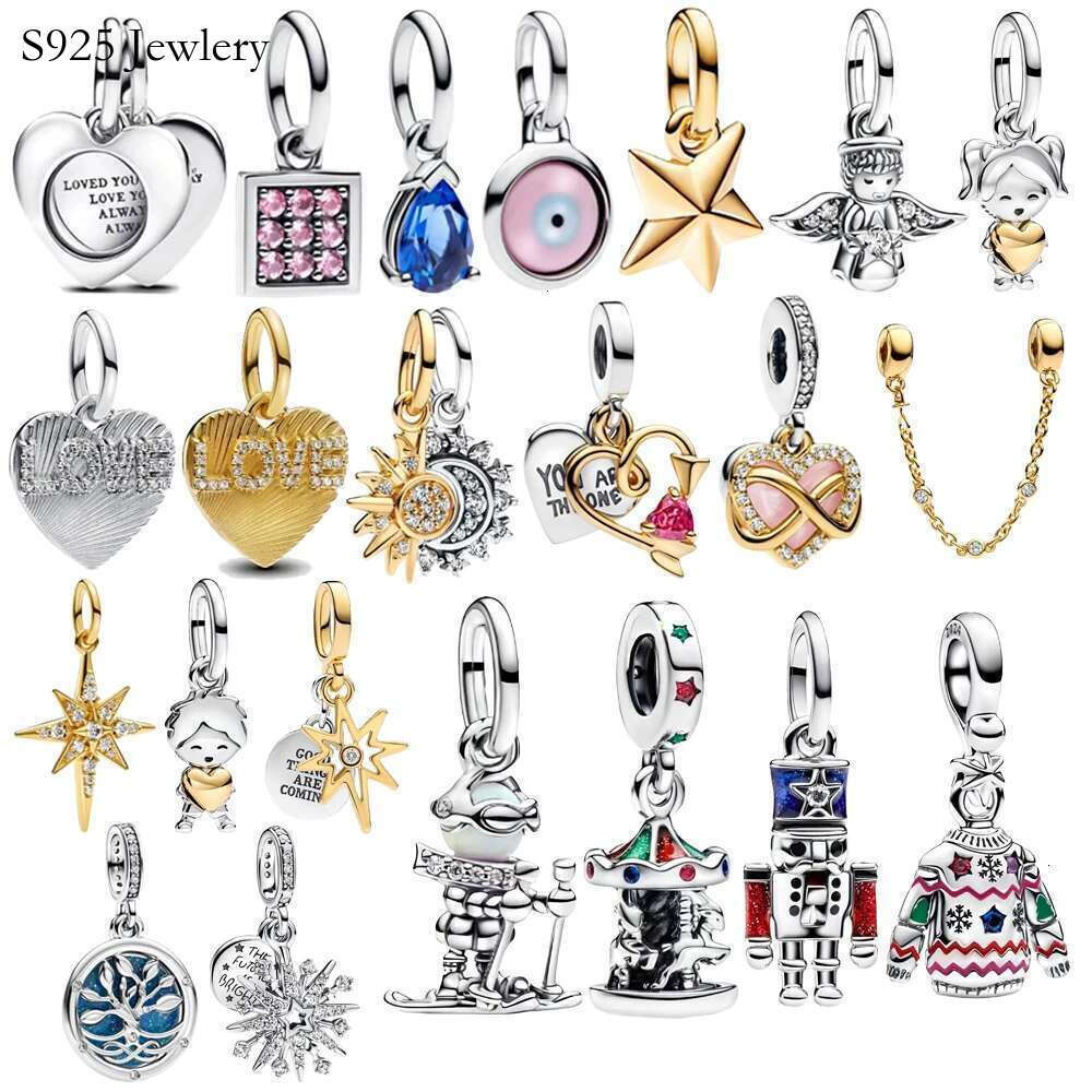 Classics 925 Sterling Silver Carousel Beads Sparkling Stars Sun Moon Combination Pendant Double Hearts Dangle Charm Fit DIY Bracelet Necklaces Jewelry