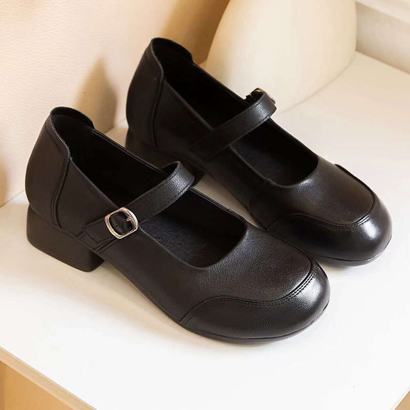 2025 Genuine Leather Summer Women's Shallow Mary Jane Thick Heel Soft Sole Versatile Fashionable Breathable Single Shoes for Moms
