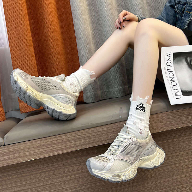 Paris Stapler Dad Shoes INS 2024 Autumn Vintage Worn Color Thick Sole Breathable Sneakers