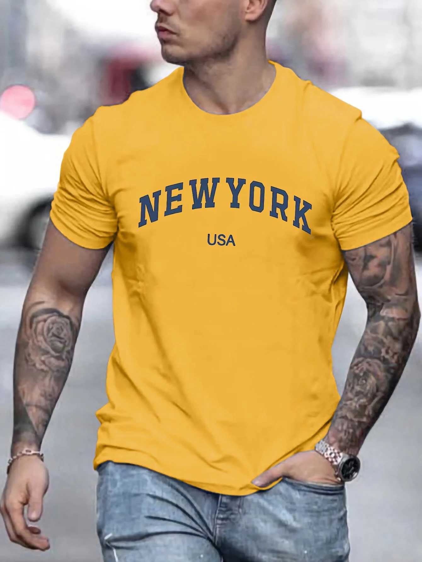 Mens summer fashionable casual loose plus size new York Usa printed slim fit sports round neck short sleeved T-shirt Y250819