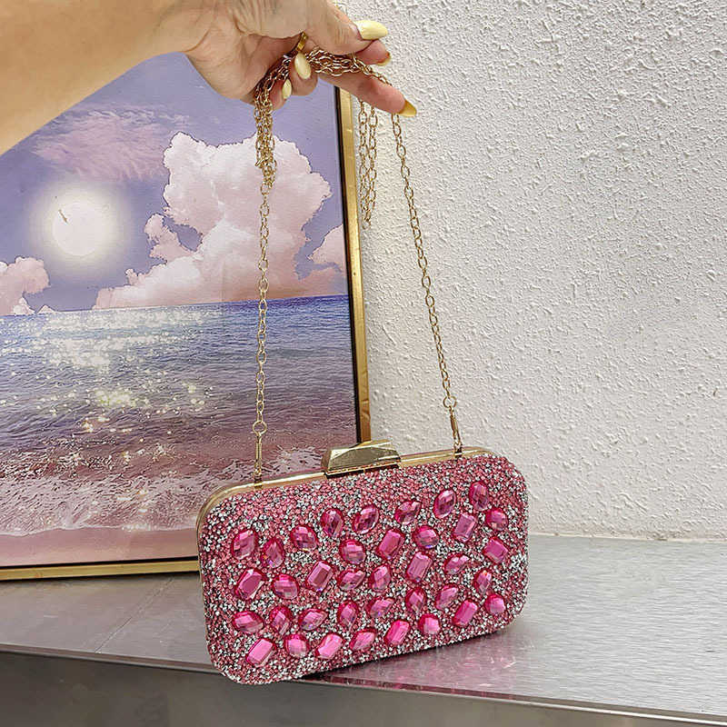 Pink Sweet Socialite Shiny Diamond-Encrusted Pink Crystal Box Color Clutch Versatile Crossbody Bag Evening Bag