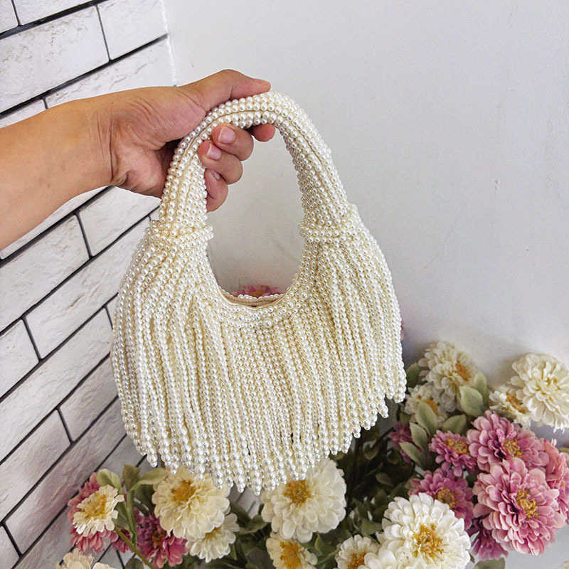 Socialite Elegant Pearl Bag New Chinese Style Banquet Handwoven Beaded Simple Pure White Handheld Underarm Bag
