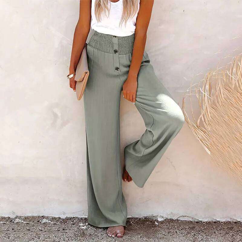 2024 Summer Cotton Linen Wide Leg for Women Full Length Casual Pants Female Solid Loose High Waist Straight Trousers
