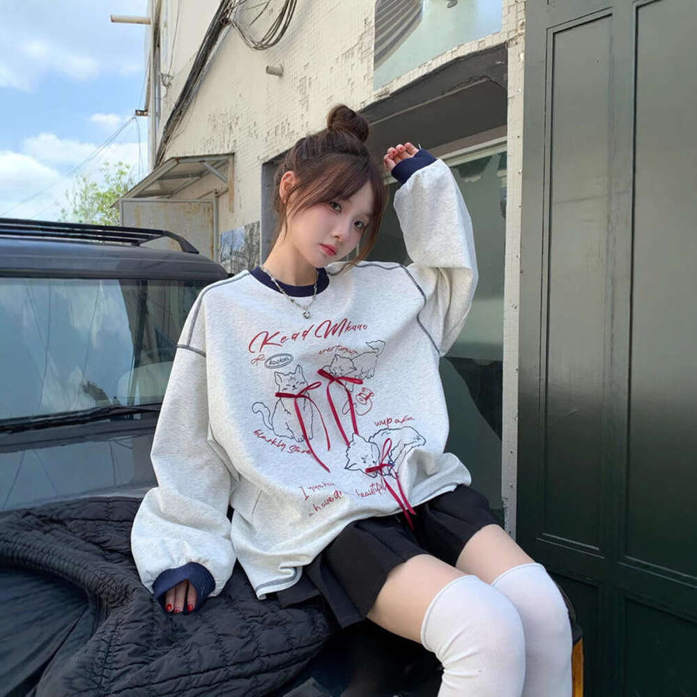 Cartoon Cat Print Bow Long Sleeve Sweatshirt for Women, New Autumn Design, Color-Block Lazy Style Loose Top