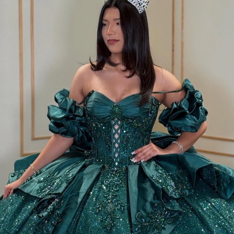 Dark Green Shiny Princess Sweet 16 Dress Quinceanera Dresses Applique Lace Beads Bow Tull Party Birthday Vestidos 15 De Anos