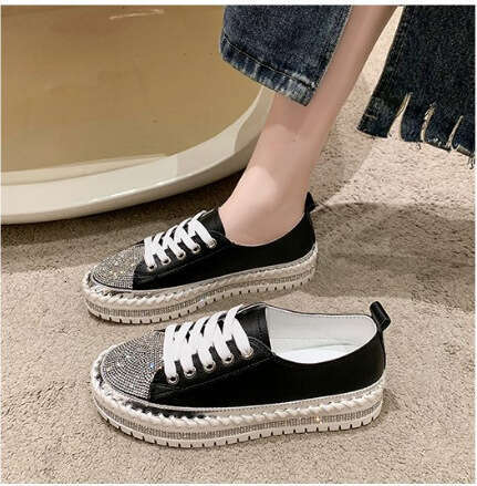 Plus Size White for Women Classic Old Style Diamond-Studded Platform Thick-Soled Loafers Sequin Trim Fashionable Women's Sneakers
