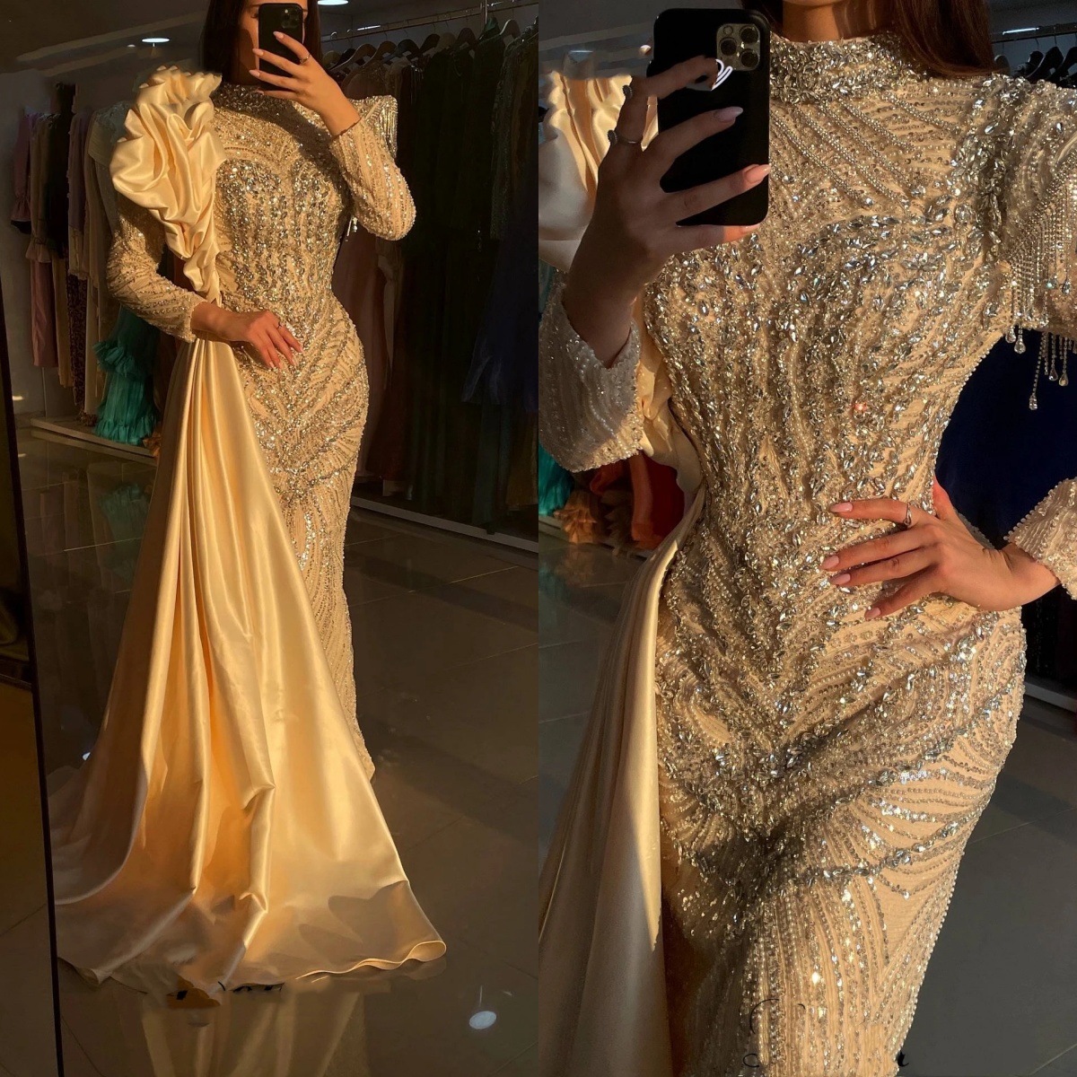 Vintage Mermaid Evening Dresses For Women High Collar Long Sleeves Gown Sequins Crystal Sweep Train Dress Party Customized Dress