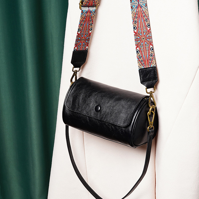 Free Shipping Designer Luxury Leather Women's Cylindrical Bag With Wide Shoulder Straps New Versatile Single Shoulder Crossbody Bag Cowhide Round