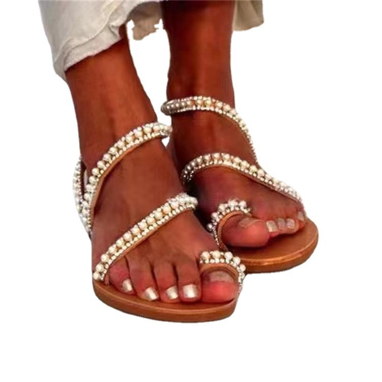 2025 Summer New Women's with Rhinestones and Beads, Open Toe Flat Sandals for Women, Plus Size Shoes ddmymoon
