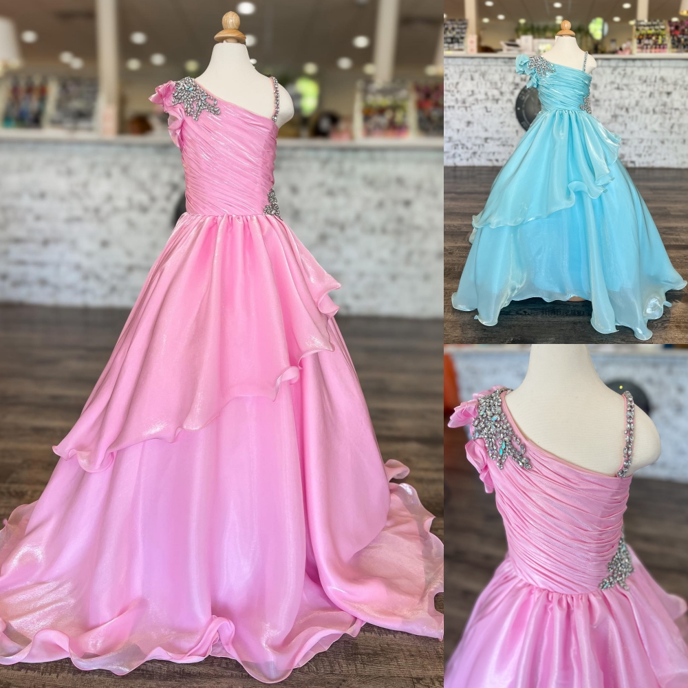 Pink Girl Mini Pageant Queen Dress One-Shoulder Mint Layer Organza Princess Little Kid Birthday Portrait Cocktail Party Gown Teen Miss On-Stage Appear