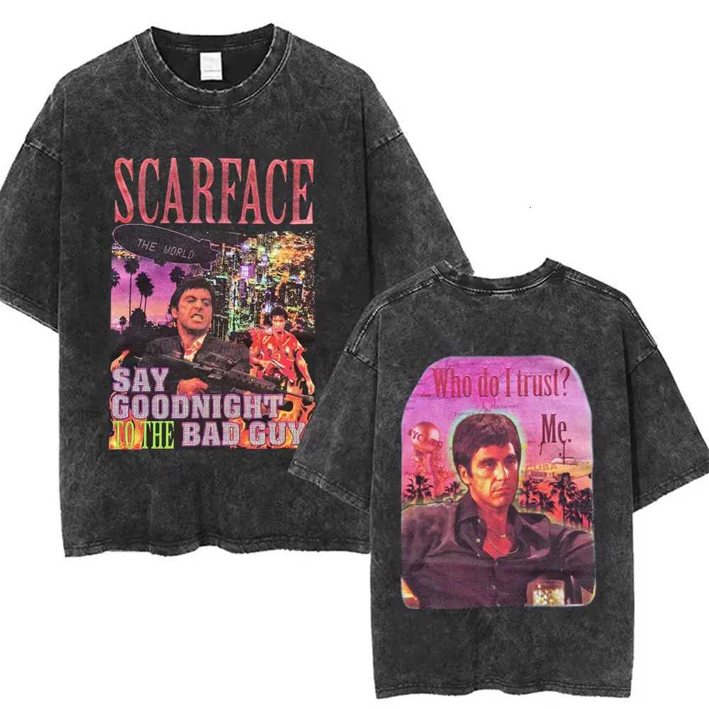 90s Classic Gangsters Movie Scarface Double Sided Print T-shirts Tony Montana Al Pacino Vintage Washed Tshirt Men Rock T Shirts Y250819