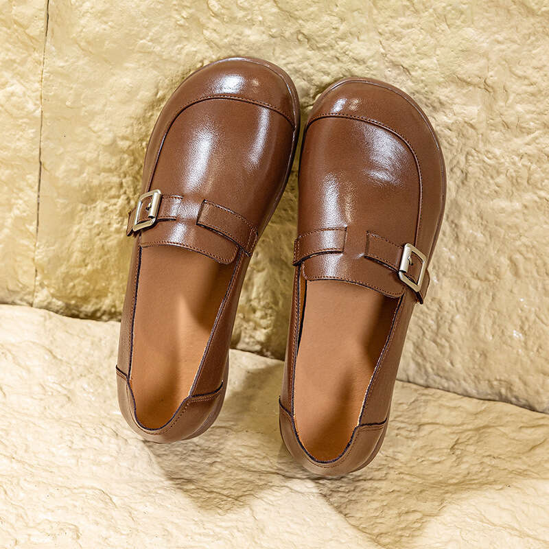 Cowhide Soft Sole Chunky Heel Single for Women, Mom Middle-aged and Elderly Small Leather Shoes, Round Toe Slip-on Loafers, Large Size Women's Sh