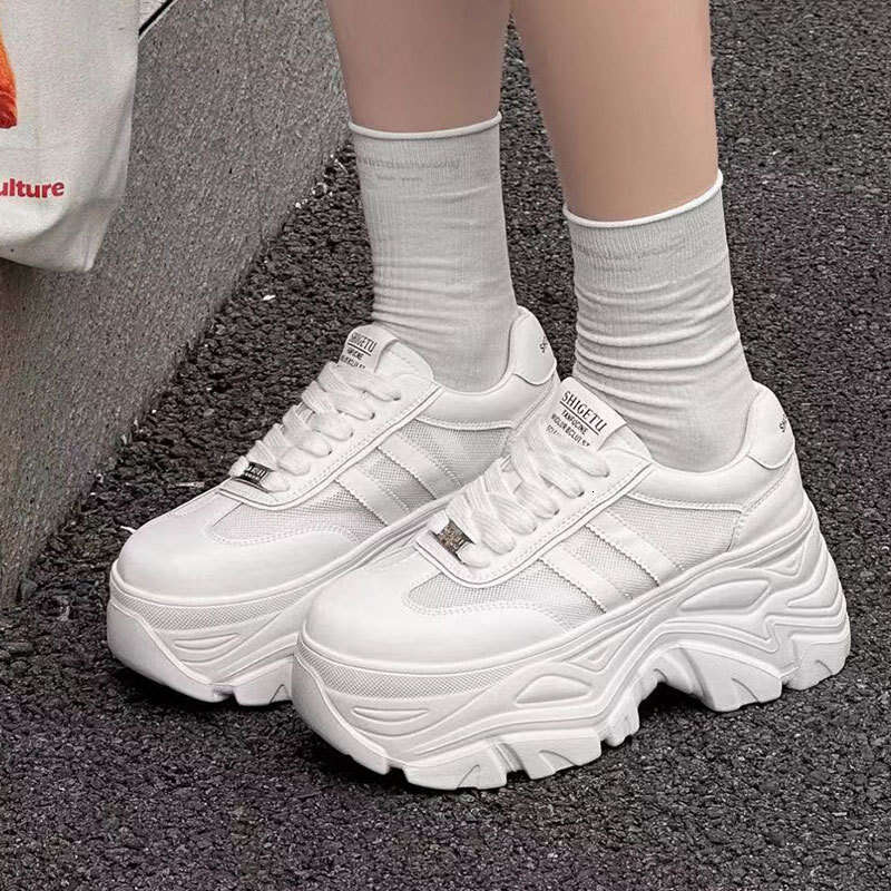 Genuine Leather Women's Summer Height Increase 8cm Breathable Hollow Single Mesh Small Size Platform Dad Shoes