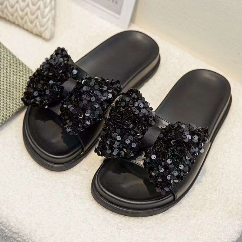 2025 Summer New Sequin Bow Thick-Soled One-Strap Sandals Women Open-Toe Platform Slippers with Cushioned Feel for Outdoor Wear