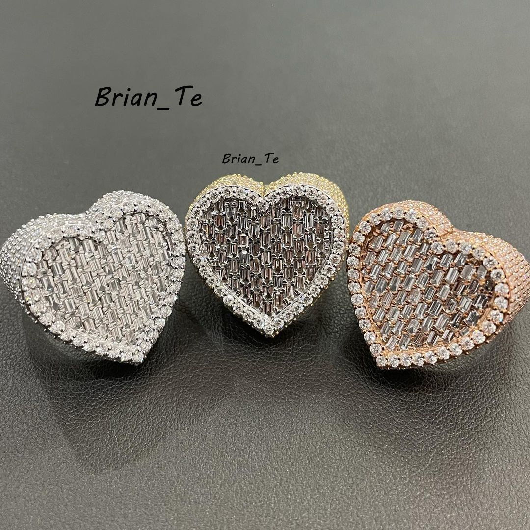 Popular Iced Out Heart Silver Moissanite Ring Gold 925 Plated Hip Hop VVS Baguette Cut Moissanite Ring