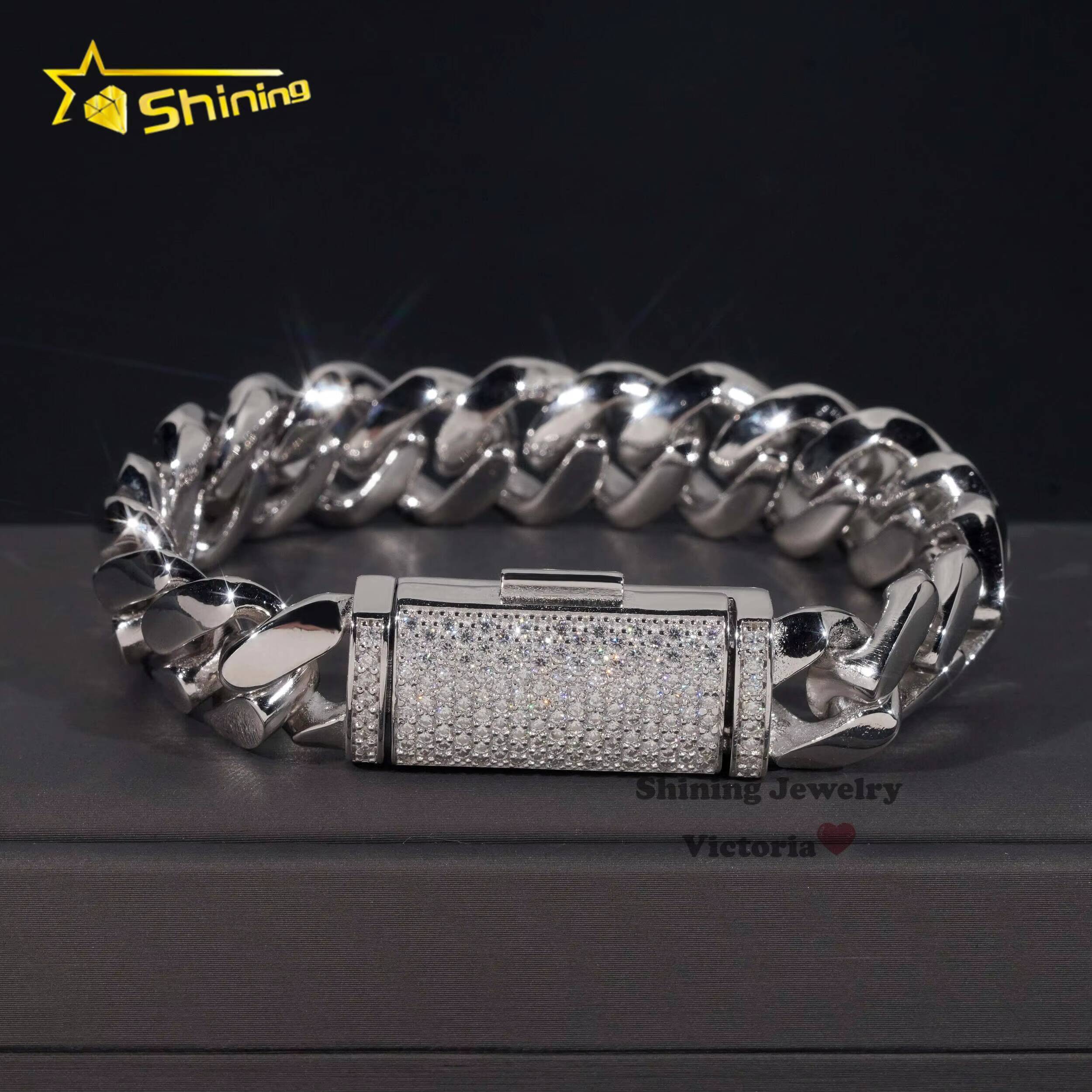 Iced Out Custom Rapper Style Hip Hop Jewelry 12MM Moissanite Lock 925 Hand Made Tight Link Plain Cuban Link Bracelet