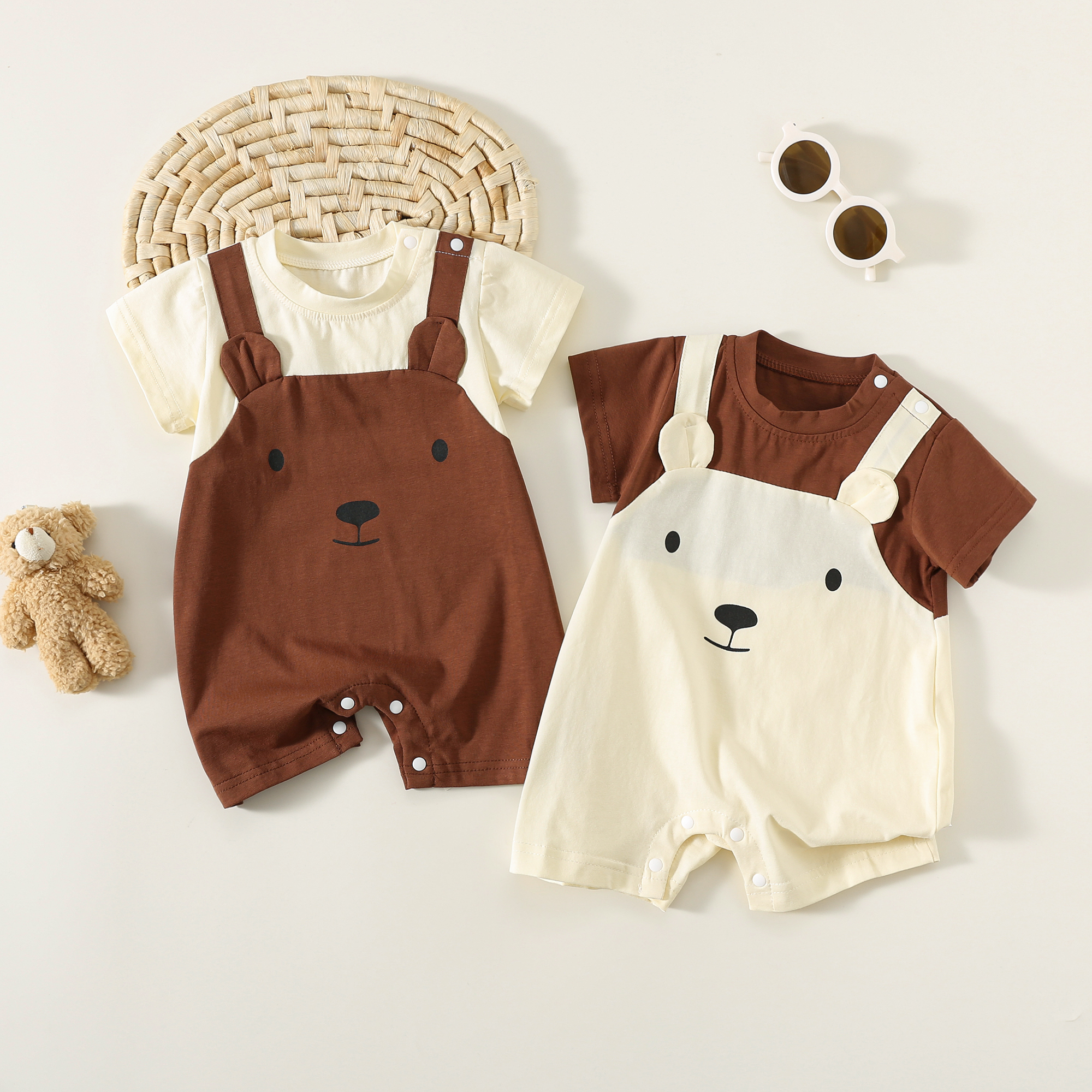 Summer baby clothes for boys and girls, crawling clothes, children's thin clothing, baby outdoor wear, fake shoulder pants, short sleeves